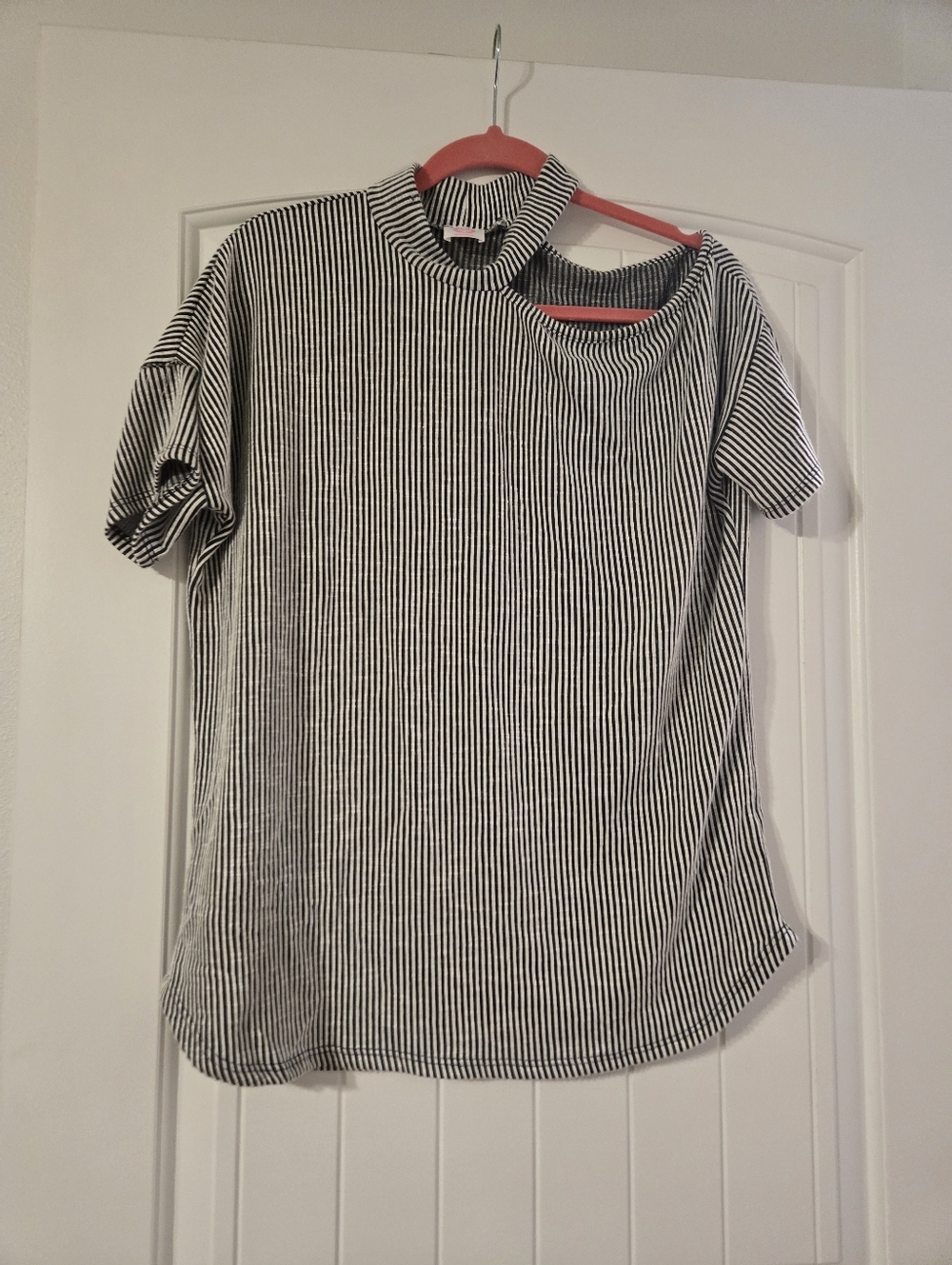 Wanna B Grey & White Striped Short Sleeve Mock Neck Top